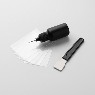 MCBRIDE GlassFix windshield repair kit: resin applicator, curing films and razor blade