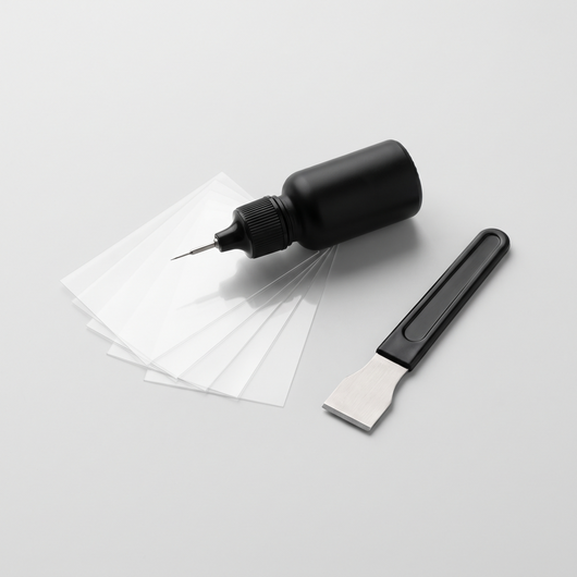 MCBRIDE GlassFix windshield repair kit: resin applicator, curing films and razor blade